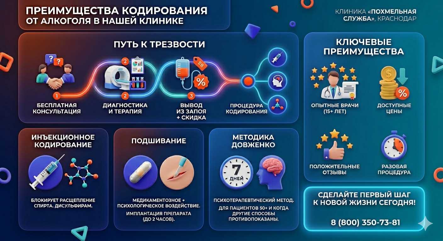 Инфографика о методах кодирования от алкоголя в Боровске: инъекции, подшивание, метод Довженко. Преимущества клиники и этапы лечения.